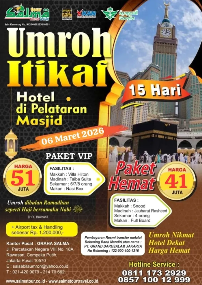 Brosur Paket Umroh Itikaf Akhir Ramadhan 2026 Salma Tour.