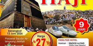 Poster Paket Umroh Rasa Haji 9 Hari Juni 2026 dengan hotel dekat Masjidil Haram dan Masjid Nabawi menggunakan Saudia Airlines direct Jeddah