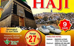 Poster Paket Umroh Rasa Haji 9 Hari Juni 2026 dengan hotel dekat Masjidil Haram dan Masjid Nabawi menggunakan Saudia Airlines direct Jeddah
